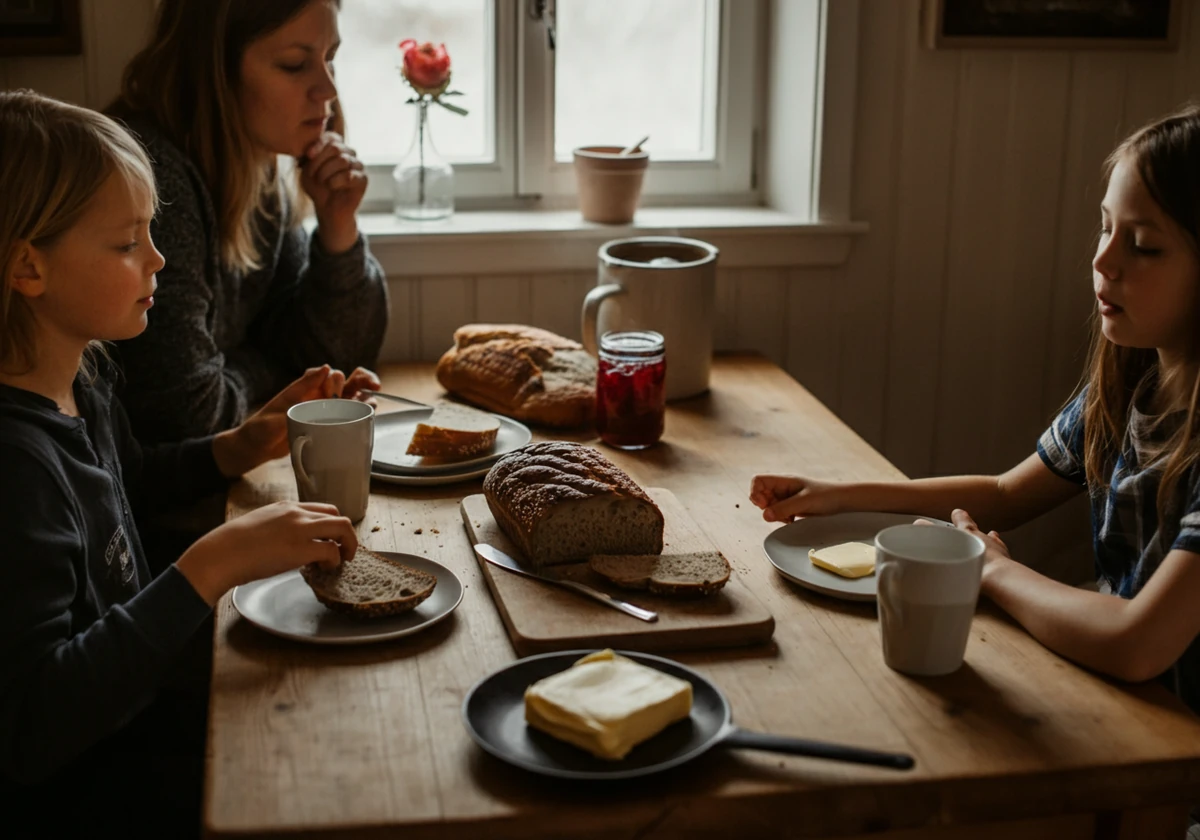 Norsk familiefrokost med brunost, brød og kaffe