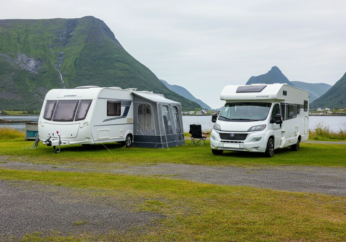 Campingvogn eller bobil parkert side om side ved en norsk fjord i Lofoten