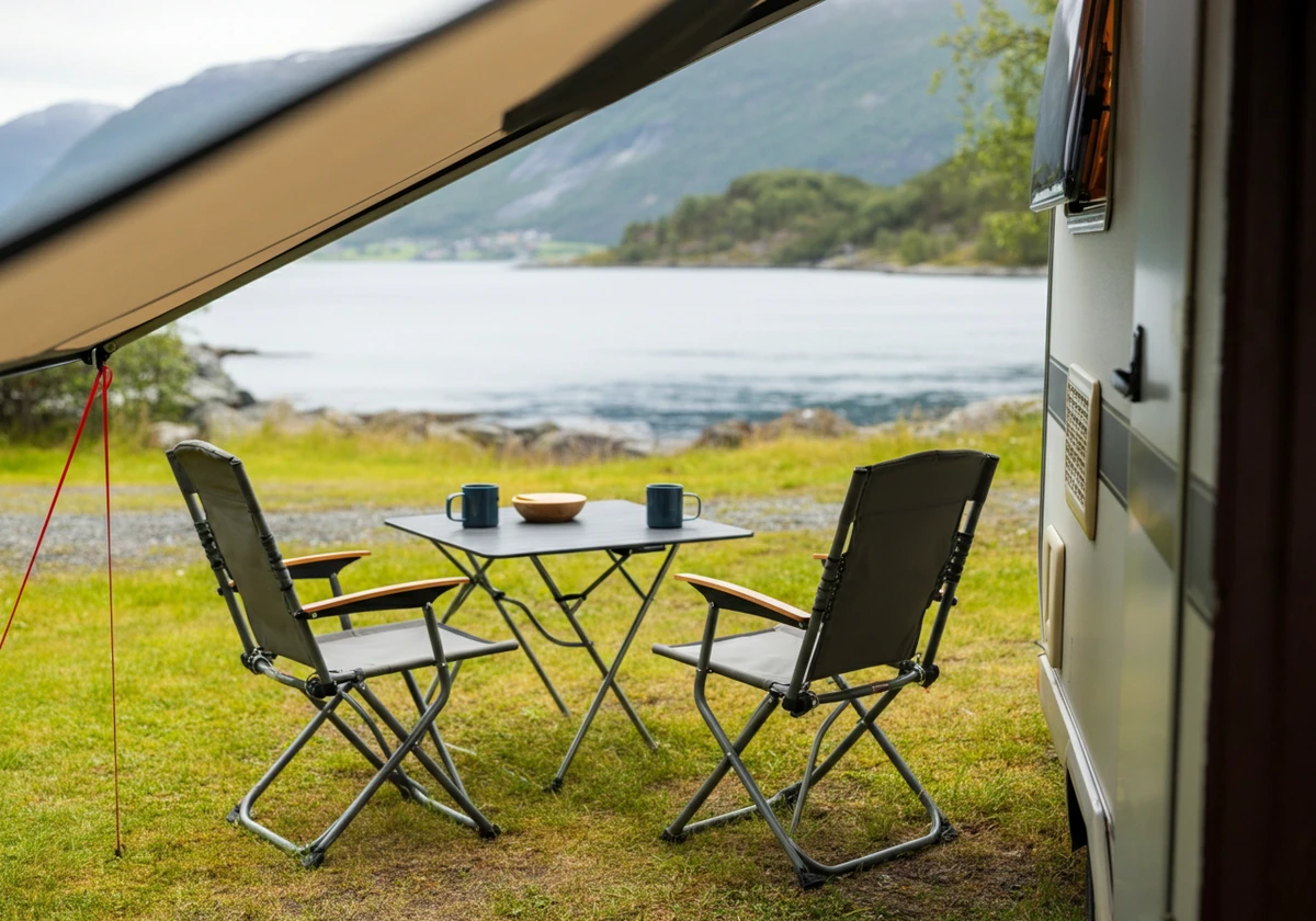 Fortelt og campingstoler utenfor campingvogn ved fjorden