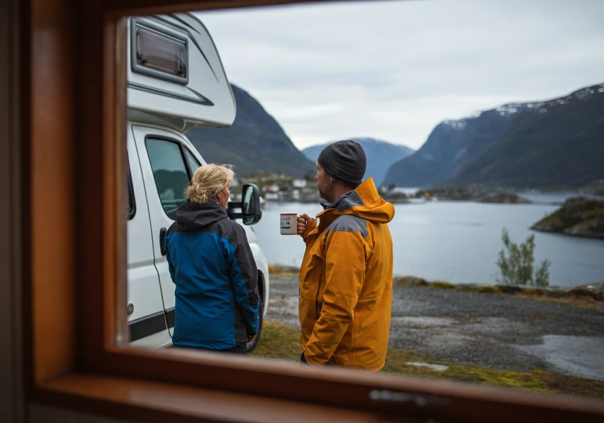 Voksne nyter friluftsliv ved bobil på en norsk campingplass