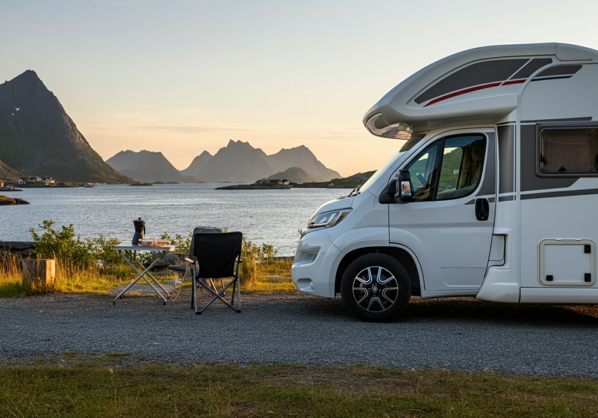 Bobil parkert ved kysten i Lofoten i kveldslys