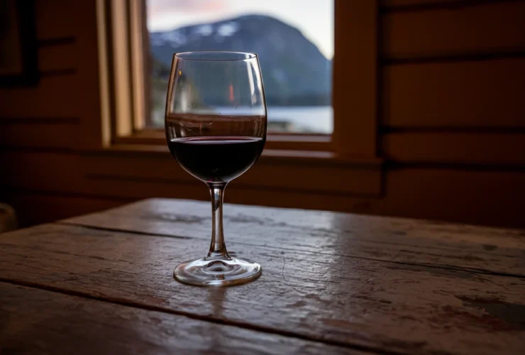 Et glass rødvin på et hyttebord, som illustrasjon til spørsmålet om rødvin er sunt