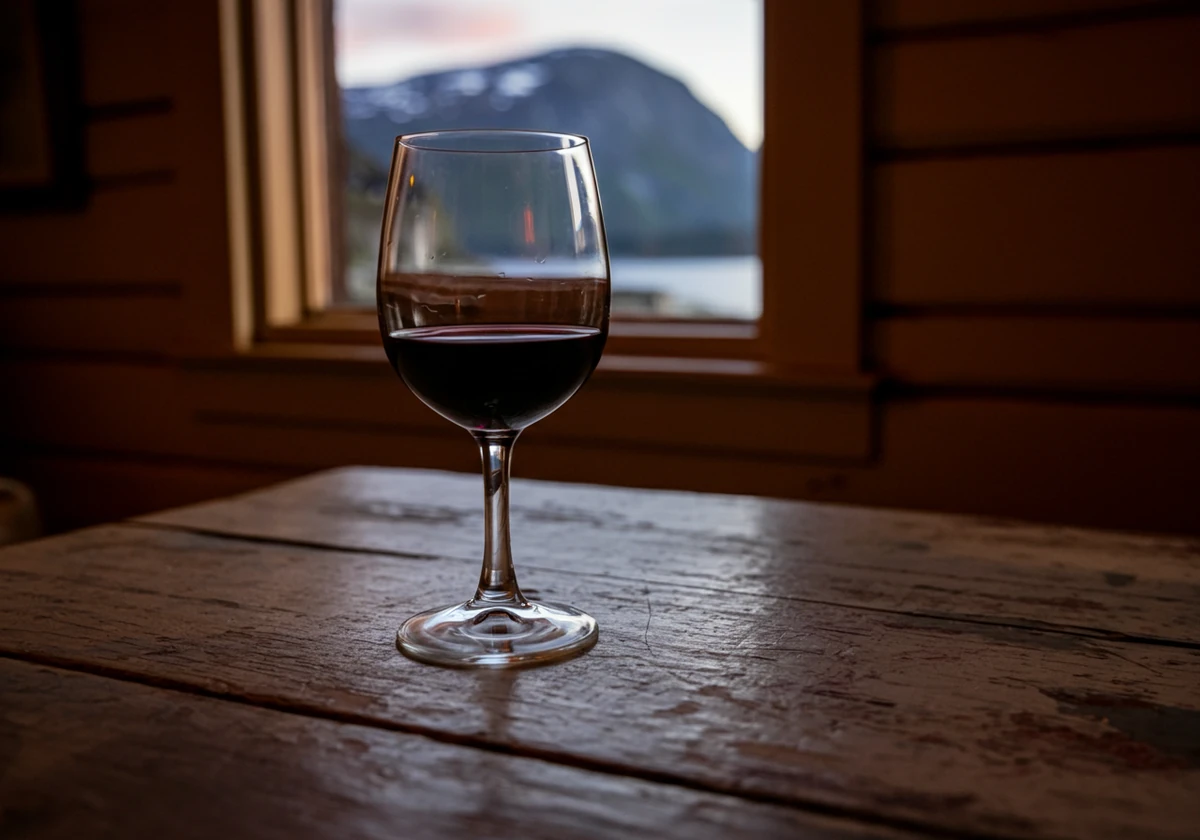 Et glass rødvin på et hyttebord, som illustrasjon til spørsmålet om rødvin er sunt