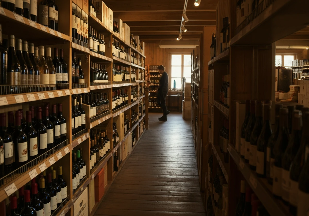 Interiør fra et norsk Vinmonopol med hyller fulle av vinflasker