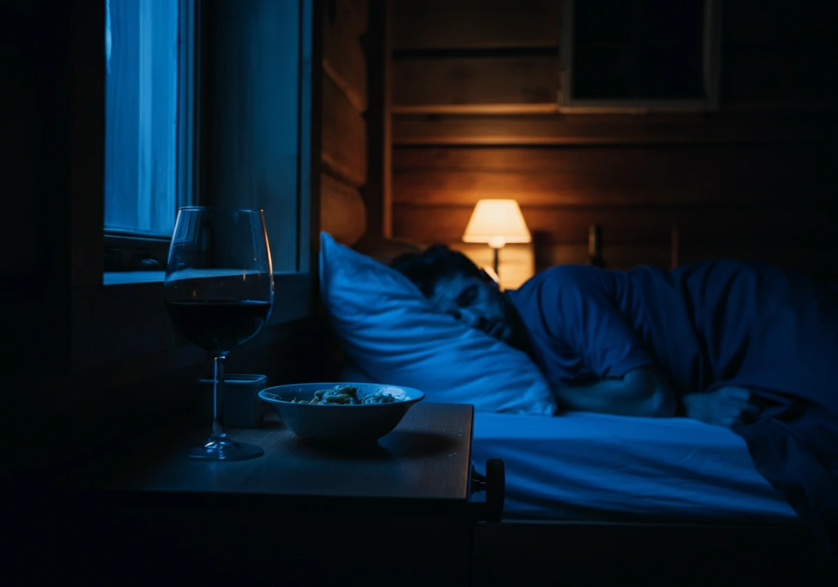 Person som sover urolig med et halvtomt vinglass på nattbordet