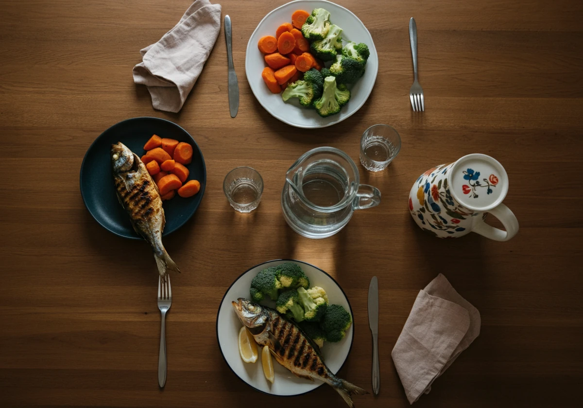 Norsk middagsbord med fisk og vann i stedet for vin