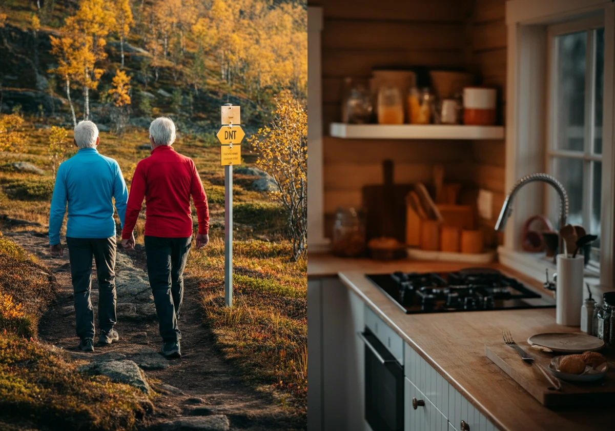 Eldre par på fjelltur i Norge, symbol på sunne livsstilsvaner