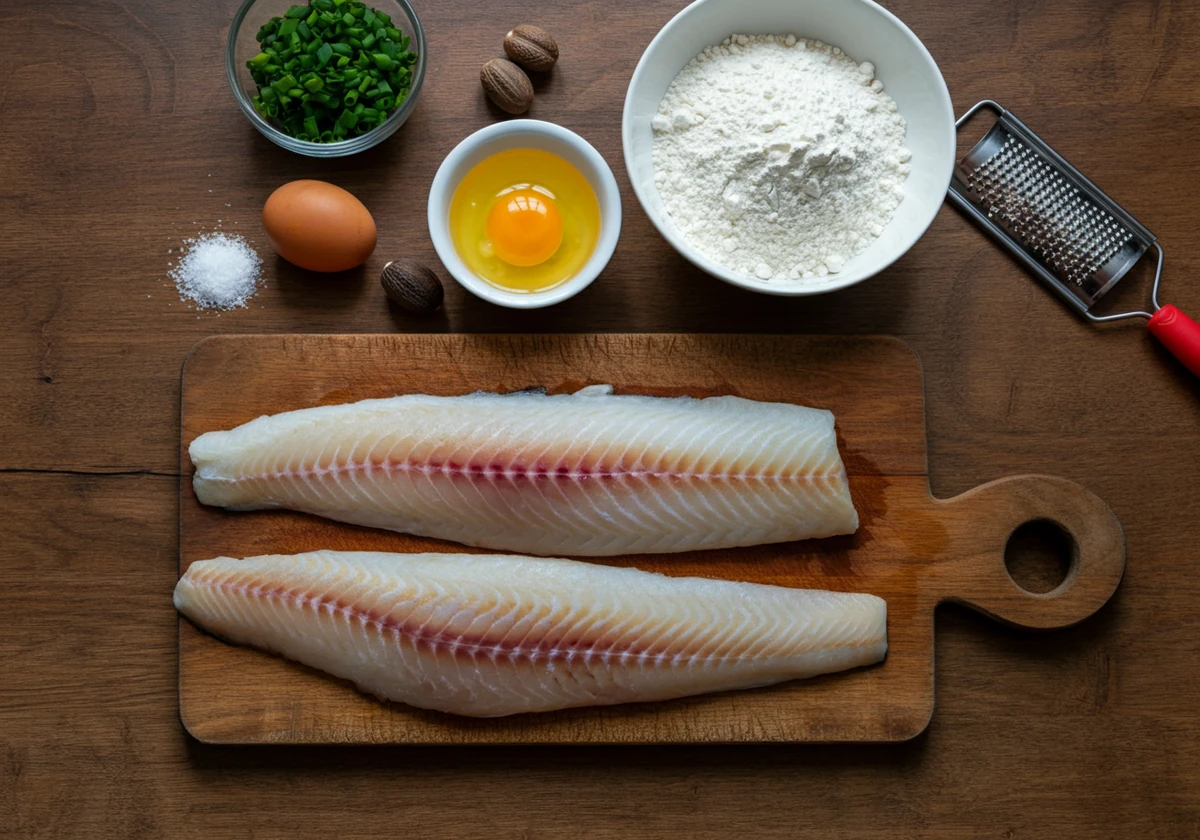 Rå hvit fisk og ingredienser til fiskekaker på skjærefjøl