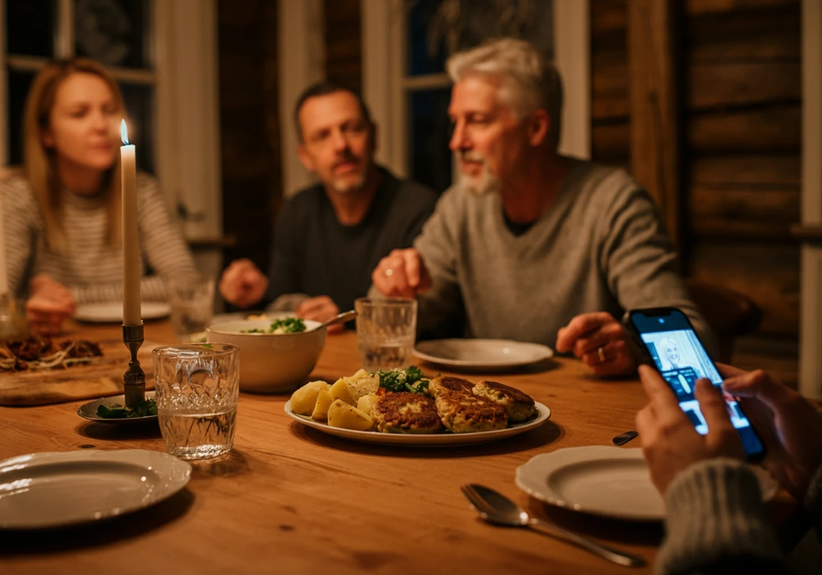 Familie som spiser hjemmelagde fiskekaker til middag