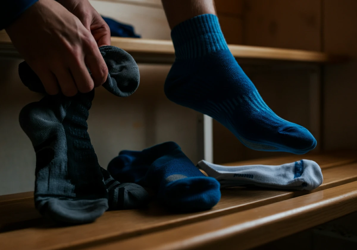 Bytte av svett sportssokk i garderoben etter trening