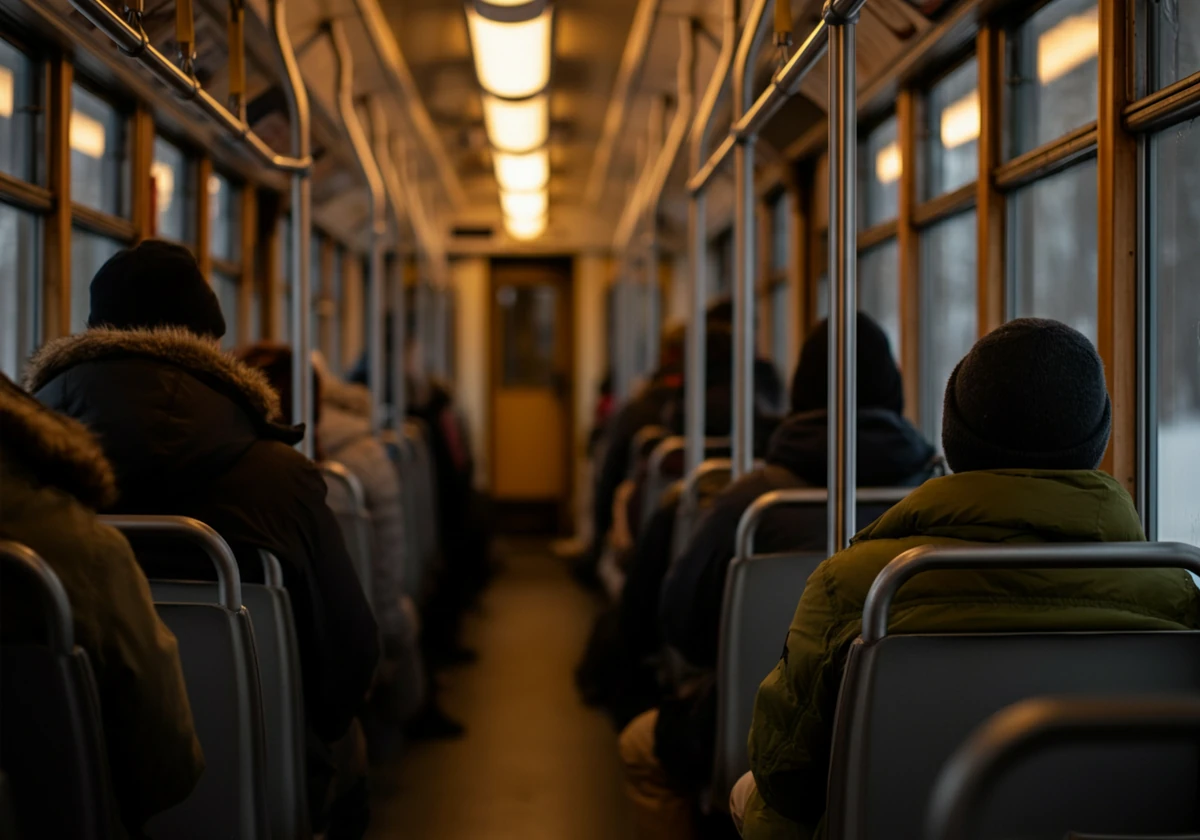Overfylt trikk i vinterkulde illustrerer risikoen for forkjølelse og kollektivtransport