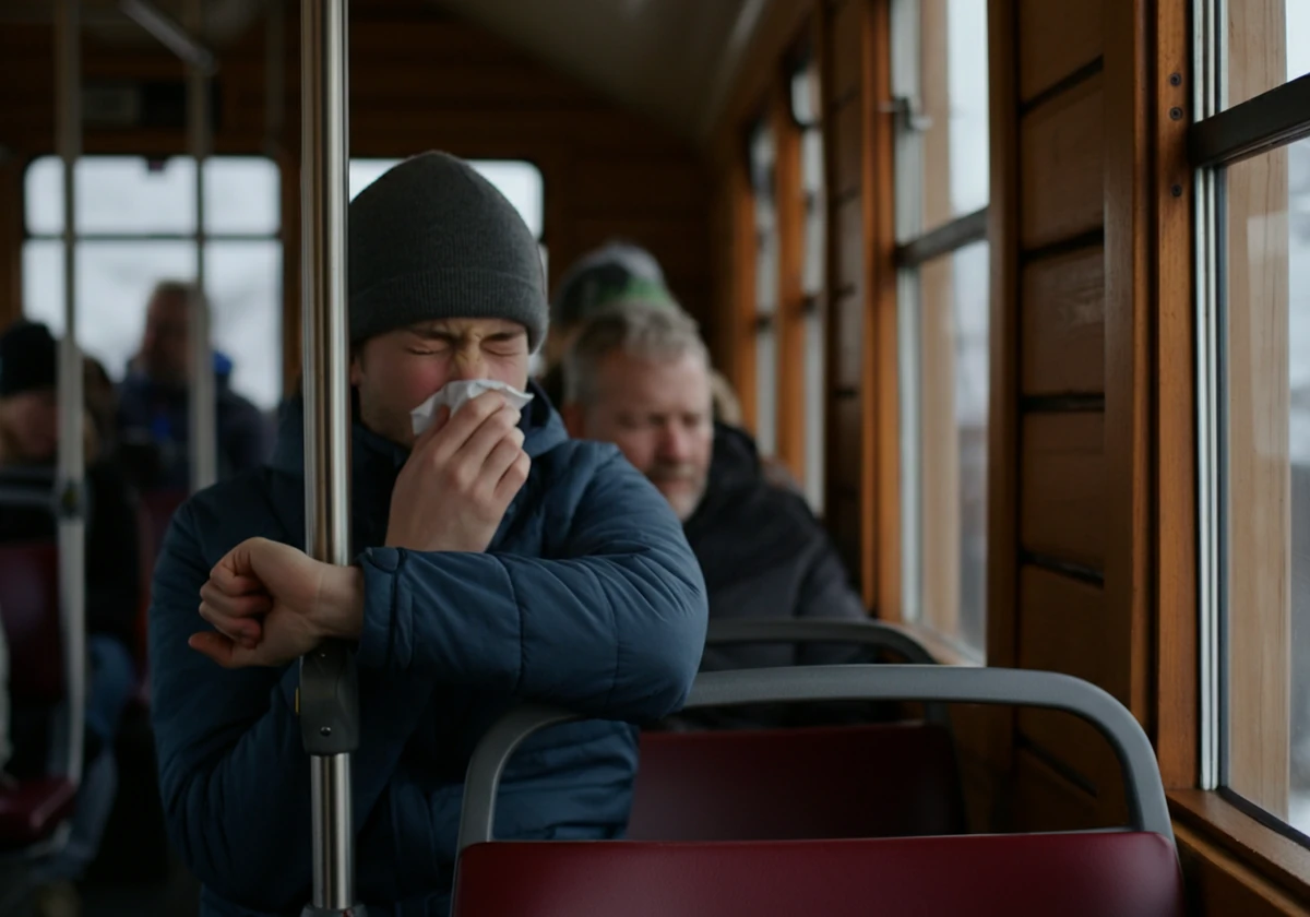 Passasjer nyser i albuen på bussen for å begrense smitte