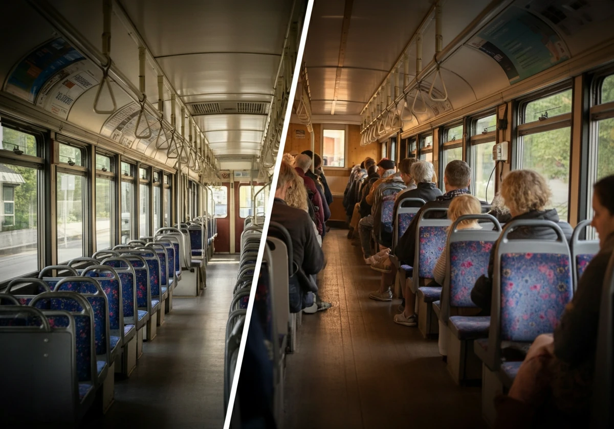Sammenligning av en nesten tom trikk og en overfylt trikk i rushtiden