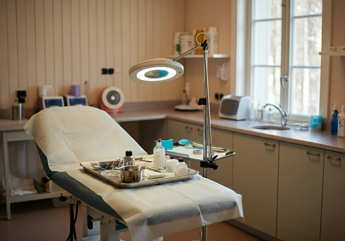 Podologisk undersøkelsesbord med sterilt utstyr for fotbehandling
