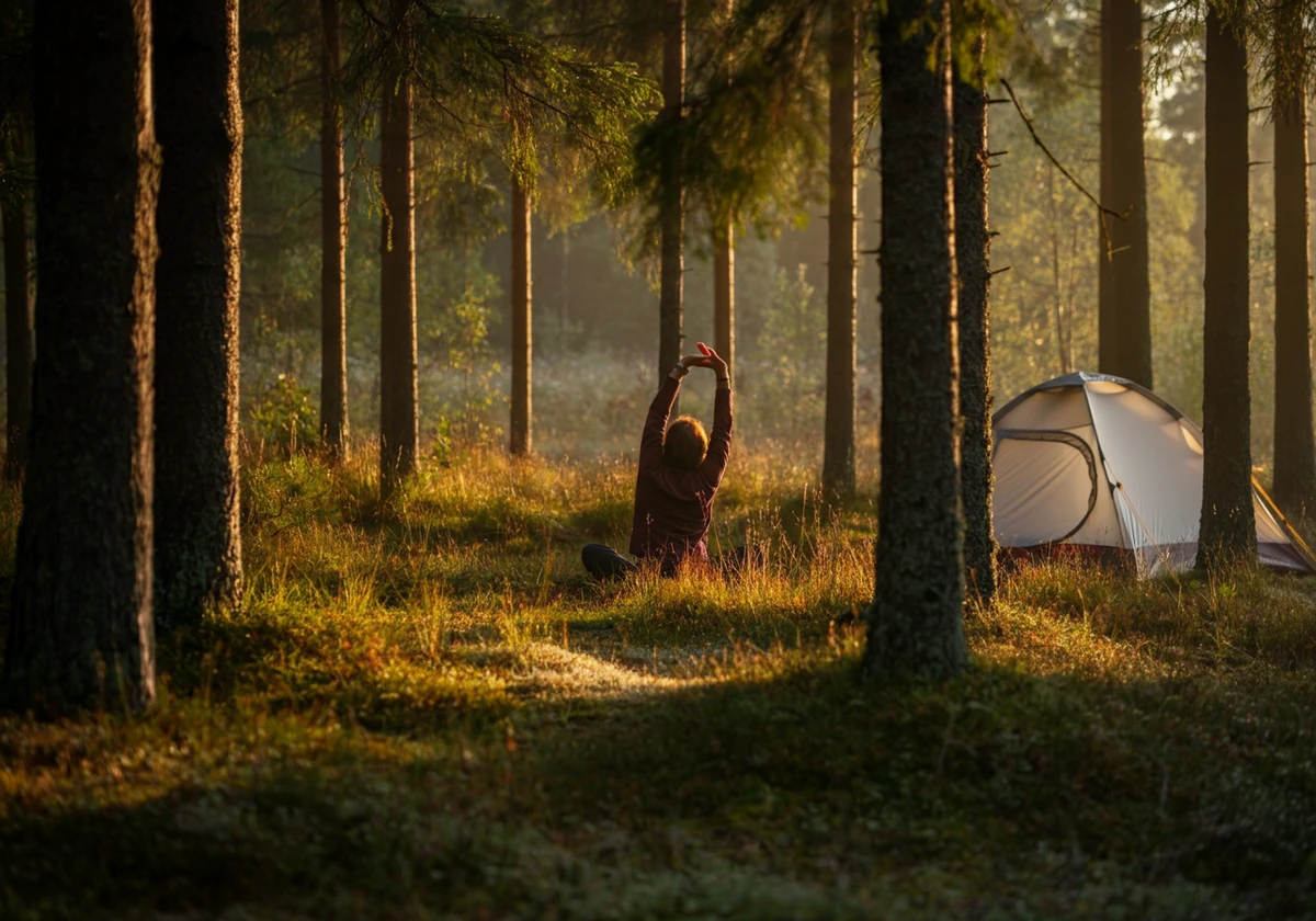 Rolig morgenstrekk utenfor teltet i en skogslysning ved soloppgang