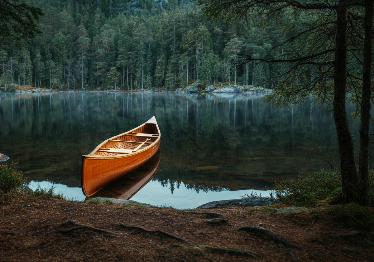 Blikkstille skogsvann omgitt av gran i tidlig morgentåke