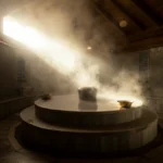 Interiør i et hammam tyrkisk bad med marmor og damp i varmt lys