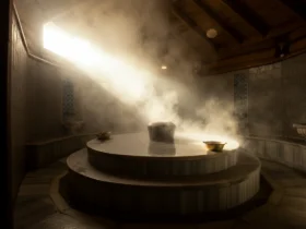 Interiør i et hammam tyrkisk bad med marmor og damp i varmt lys