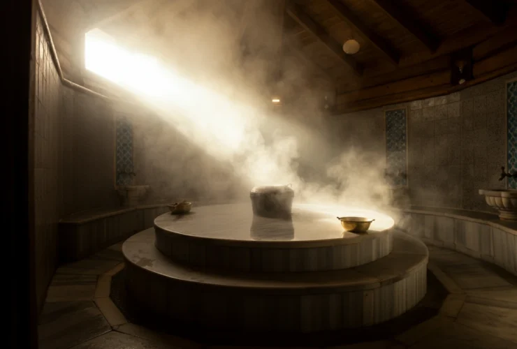Interiør i et hammam tyrkisk bad med marmor og damp i varmt lys