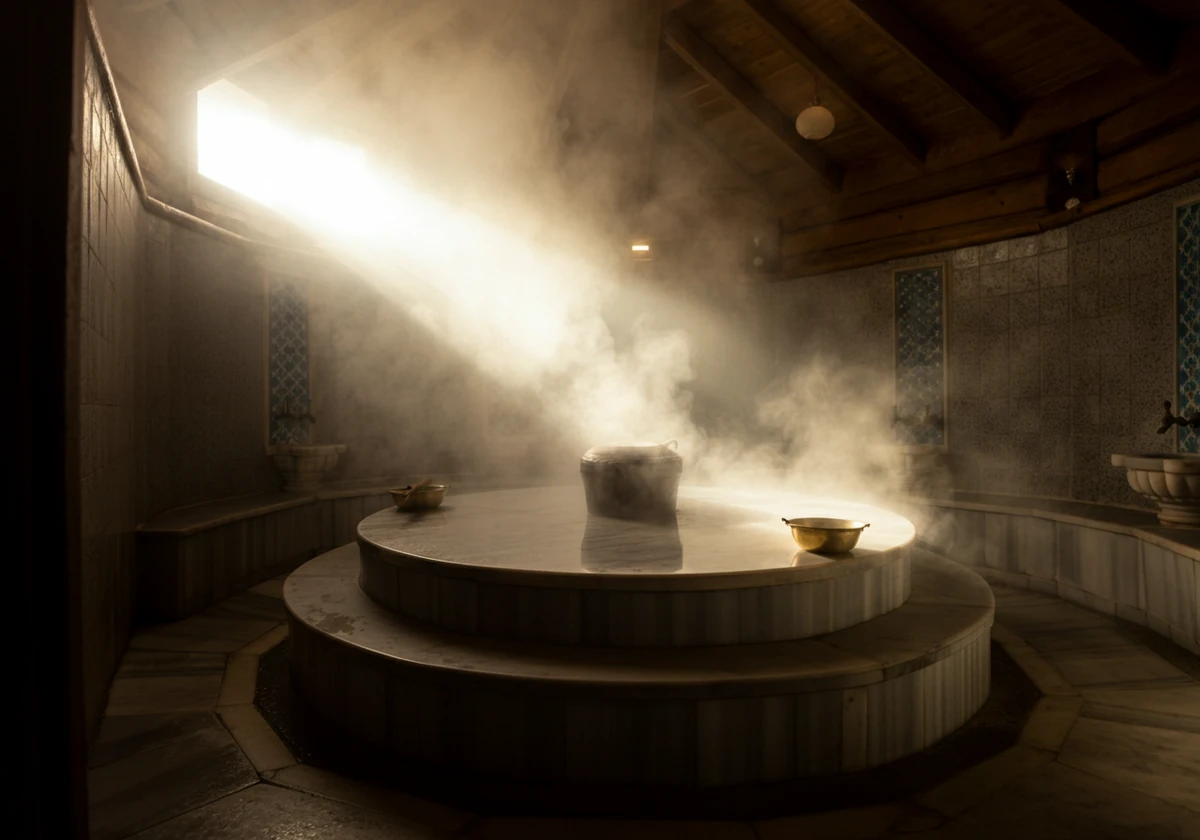 Interiør i et hammam tyrkisk bad med marmor og damp i varmt lys