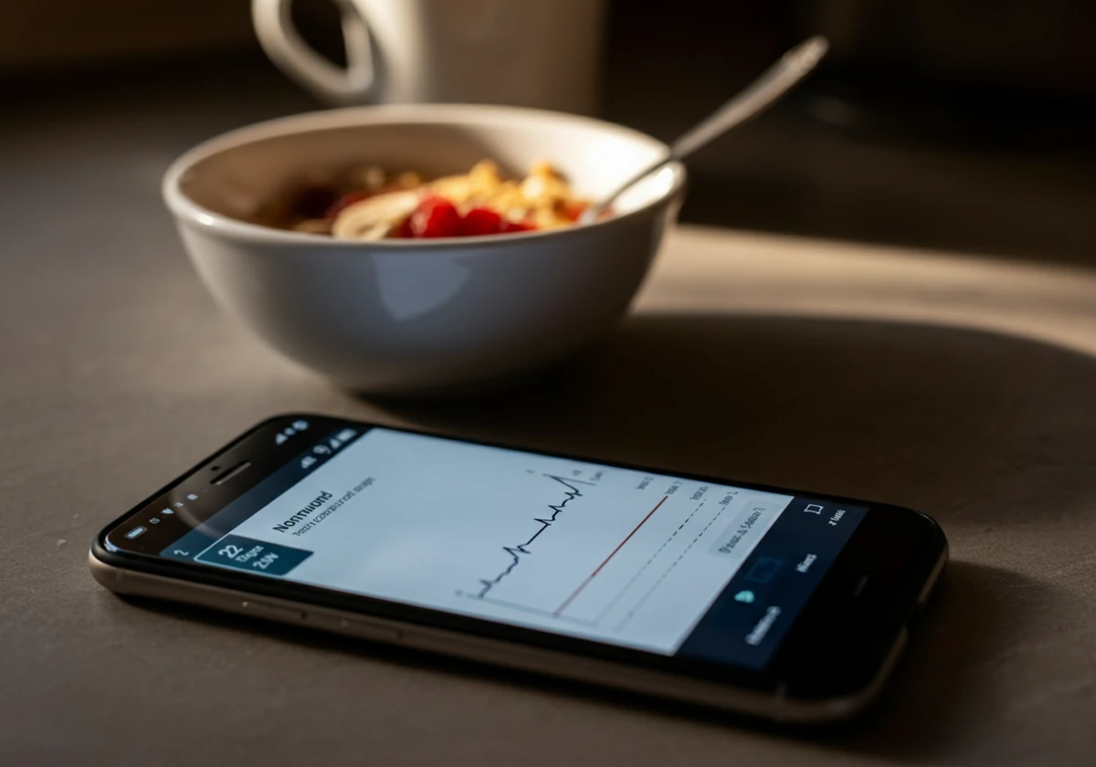 Glukosemåler-graf på telefon ved siden av havregrøt til frokost