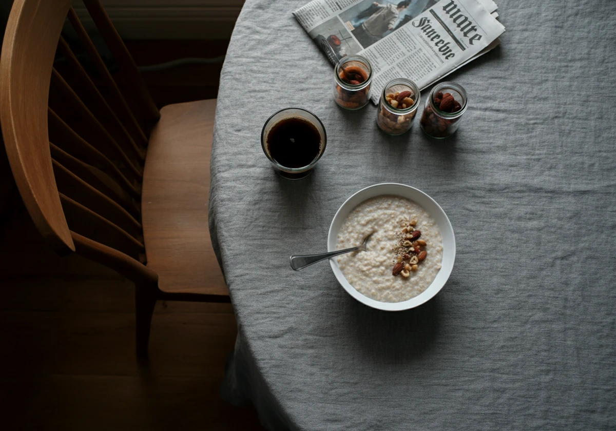 Koselig frokostbord med havregrøt og protein-topping for stabilt blodsukker