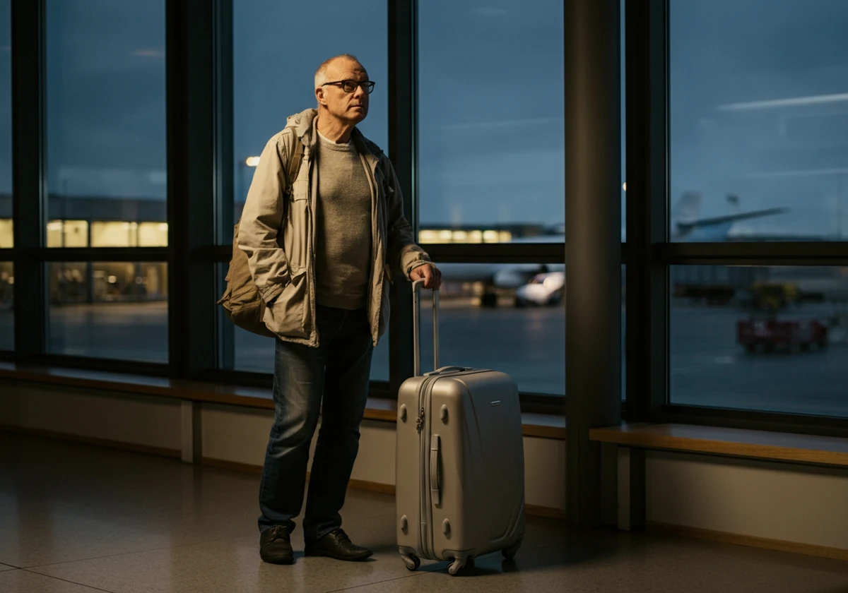 Norsk reisende med koffert på en lys flyplass