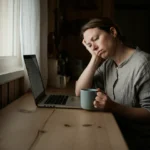 Kvinne med hjernetåke som stirrer tomt forbi laptopen ved skrivebordet