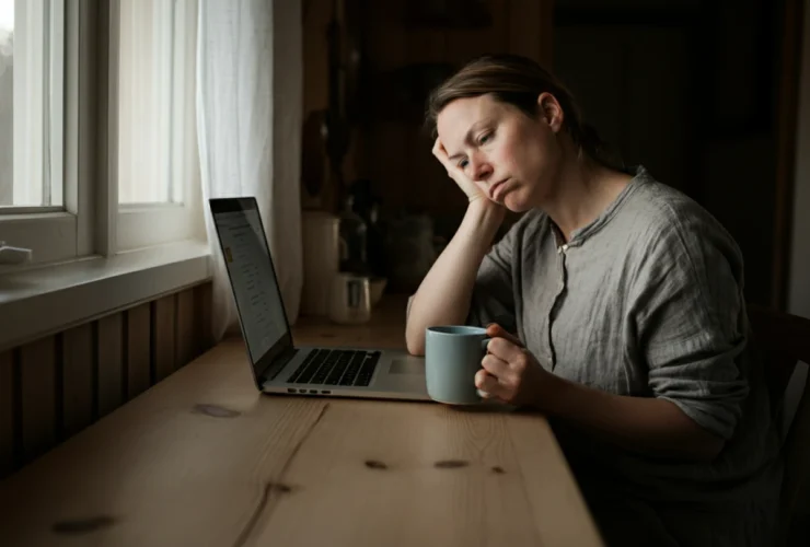 Kvinne med hjernetåke som stirrer tomt forbi laptopen ved skrivebordet