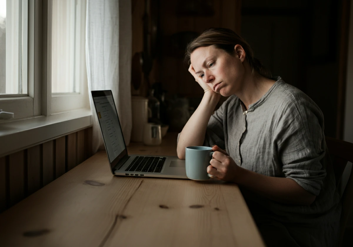 Kvinne med hjernetåke som stirrer tomt forbi laptopen ved skrivebordet