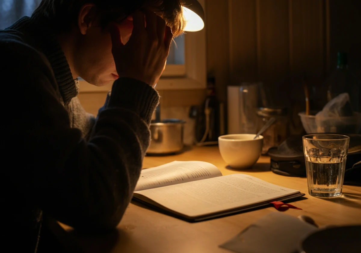 Person som gnir tinningene ved skrivebordet, tegn på hjernetåke