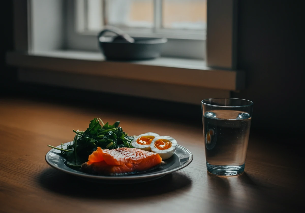 Måltid med laks, egg og grønt for stabilt blodsukker mot hjernetåke