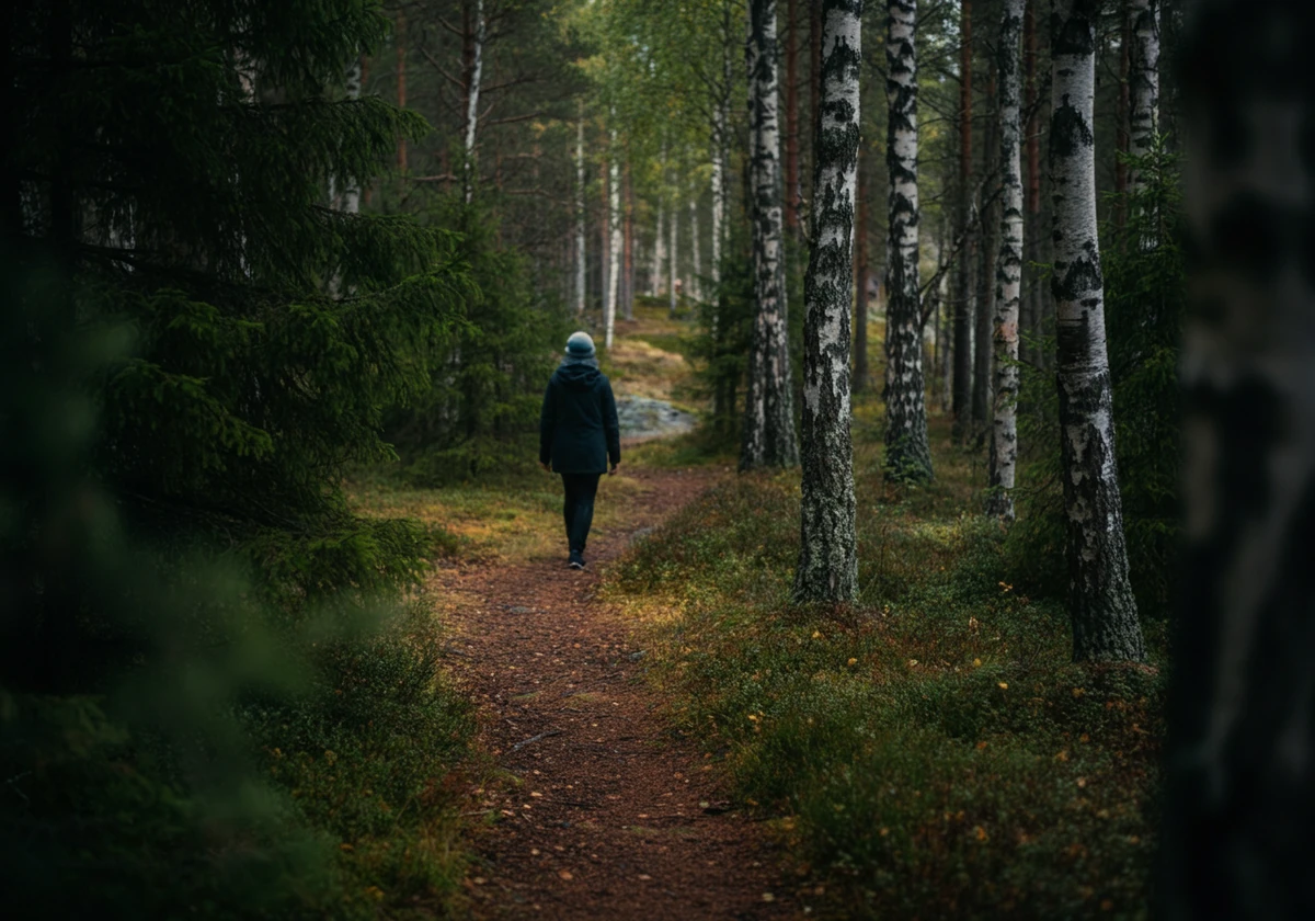 Person på skogstur i norsk natur som en pause fra hjernetåke