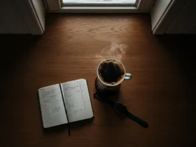 Kopp svart kaffe på kjøkkenbord ved siden av notatbok og smartklokke i morgenlys, illustrerer hvor mye kaffe om dagen som er sunt