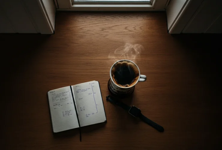 Kopp svart kaffe på kjøkkenbord ved siden av notatbok og smartklokke i morgenlys, illustrerer hvor mye kaffe om dagen som er sunt