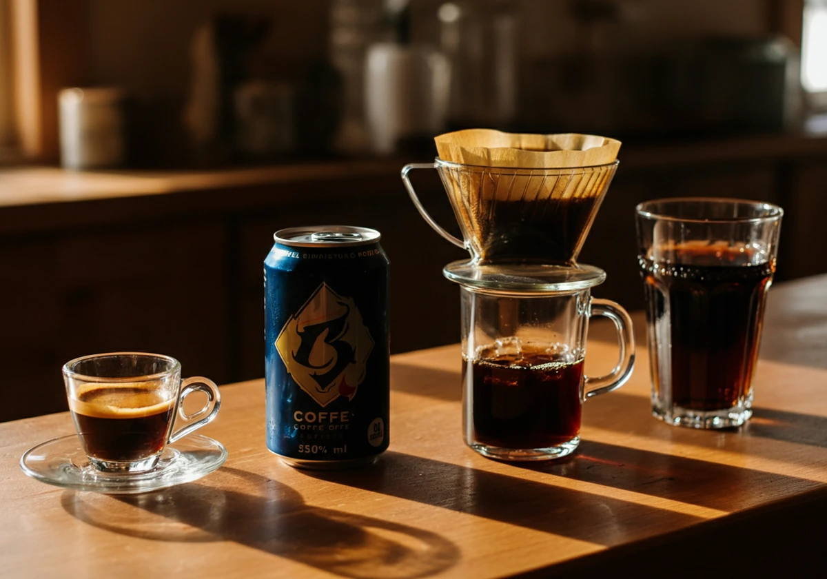 Ulike koffeinholdige drikker på rad: espresso, filterkaffe, energidrikk og cola