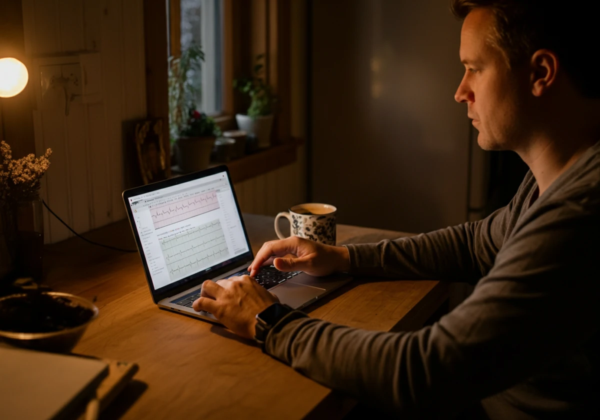 Mann ser på regneark med pulsdata på laptop ved siden av kaffekopp på hjemmekontor