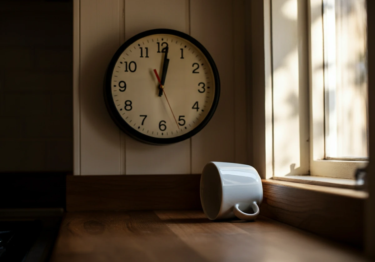 Klokke på kjøkkenvegg som viser tidlig ettermiddag med tom kaffekopp under, tema timing av kaffe