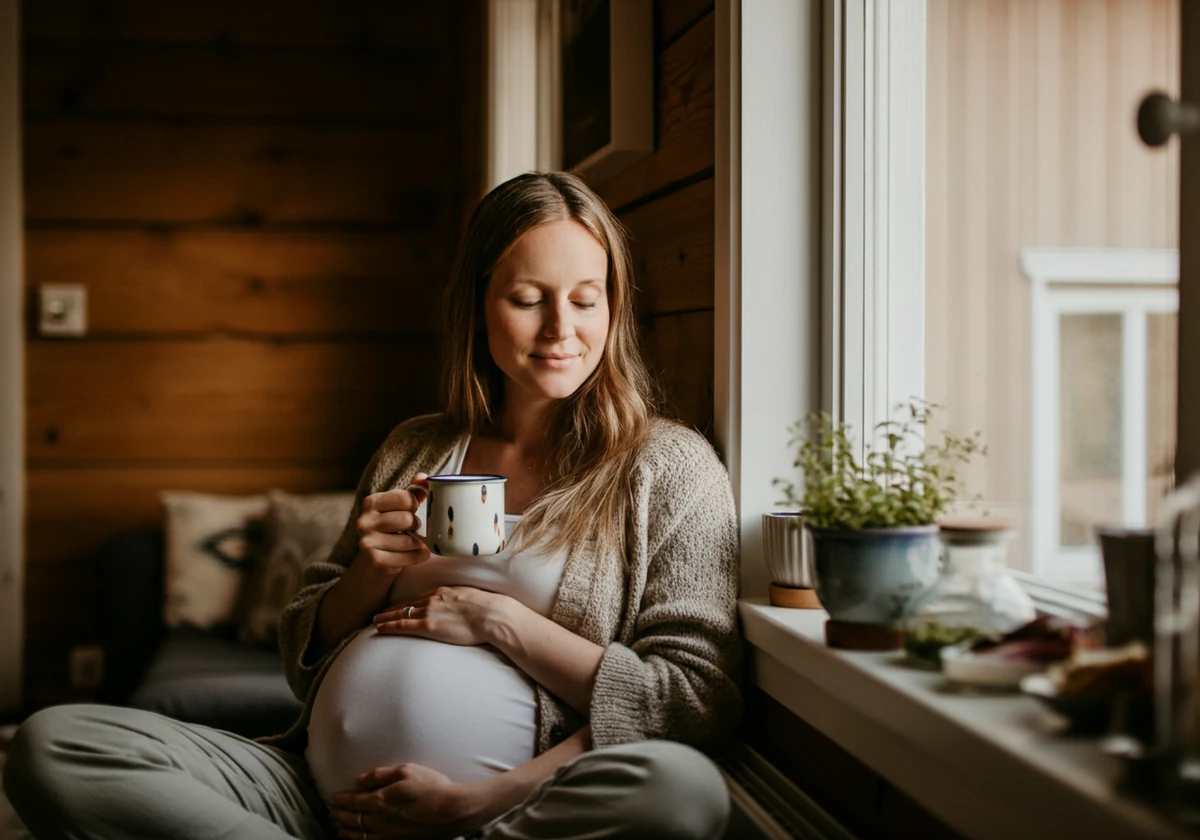 Gravid kvinne ved vindu med kopp urtete i lyst nordisk hjem, tema koffein i svangerskapet