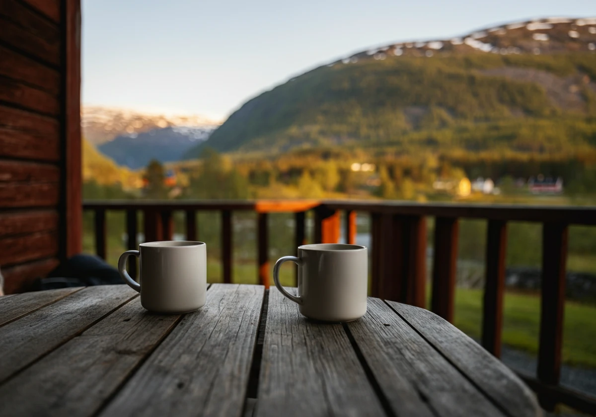 To kopper kaffe på hytteterrasse med fjell og skog i bakgrunnen, norsk kaffekultur