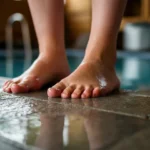 Våte fotavtrykk på bassengkant illustrerer hvordan smitter fotsopp på fuktige overflater