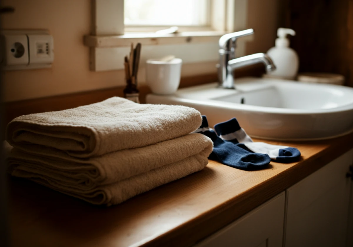Ren håndkle og nyvaskede sokker som del av daglig hygiene mot fotsopp
