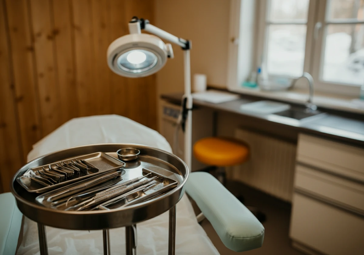 Steril podologiklinikk med instrumenter klare til podologisk liktornbehandling