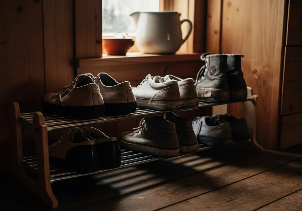 Sko som luftes på hylle, god skohygiene forebygger at fotsopp kommer tilbake