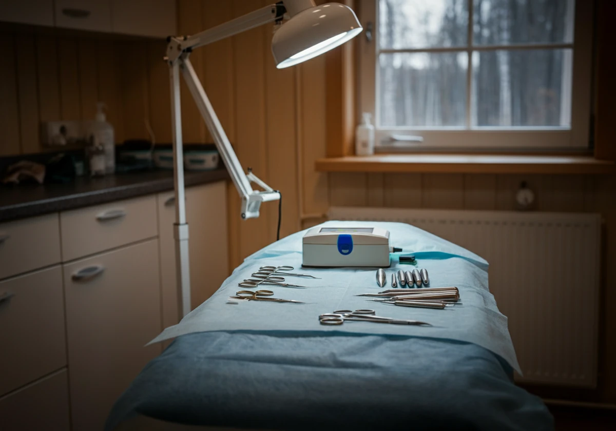 Steriliserte instrumenter klare på behandlingsbenk hos podolog