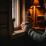 Hender rundt en varm kaffekopp ved mørkt vindu, kaffe og mørketid i en norsk stue om vinteren