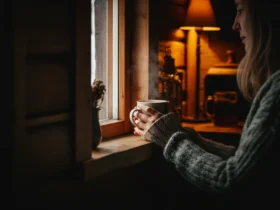 Hender rundt en varm kaffekopp ved mørkt vindu, kaffe og mørketid i en norsk stue om vinteren