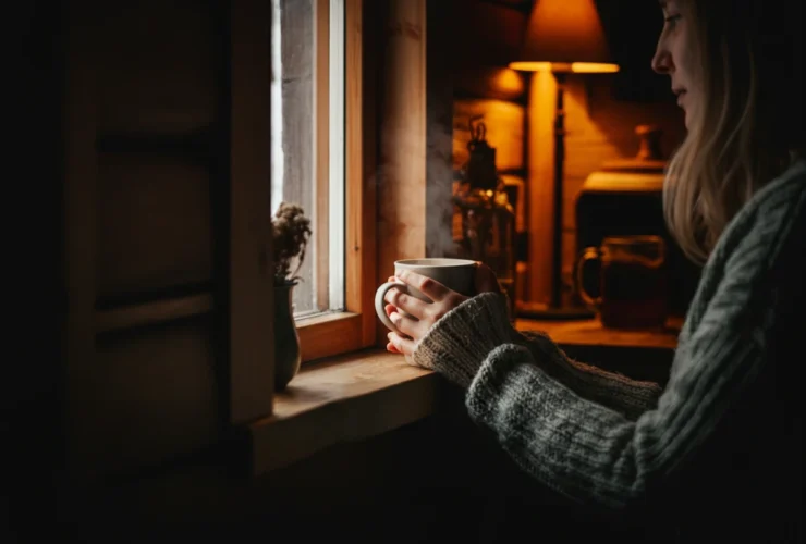 Hender rundt en varm kaffekopp ved mørkt vindu, kaffe og mørketid i en norsk stue om vinteren