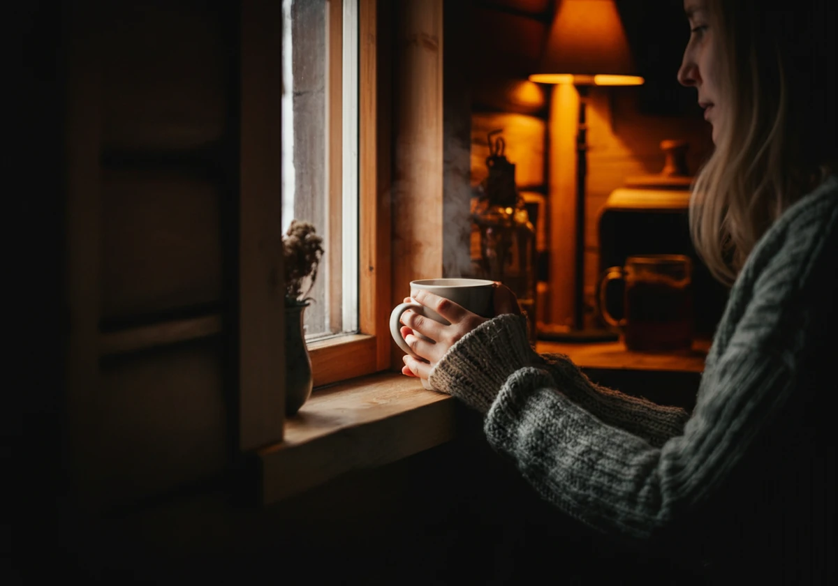 Hender rundt en varm kaffekopp ved mørkt vindu, kaffe og mørketid i en norsk stue om vinteren
