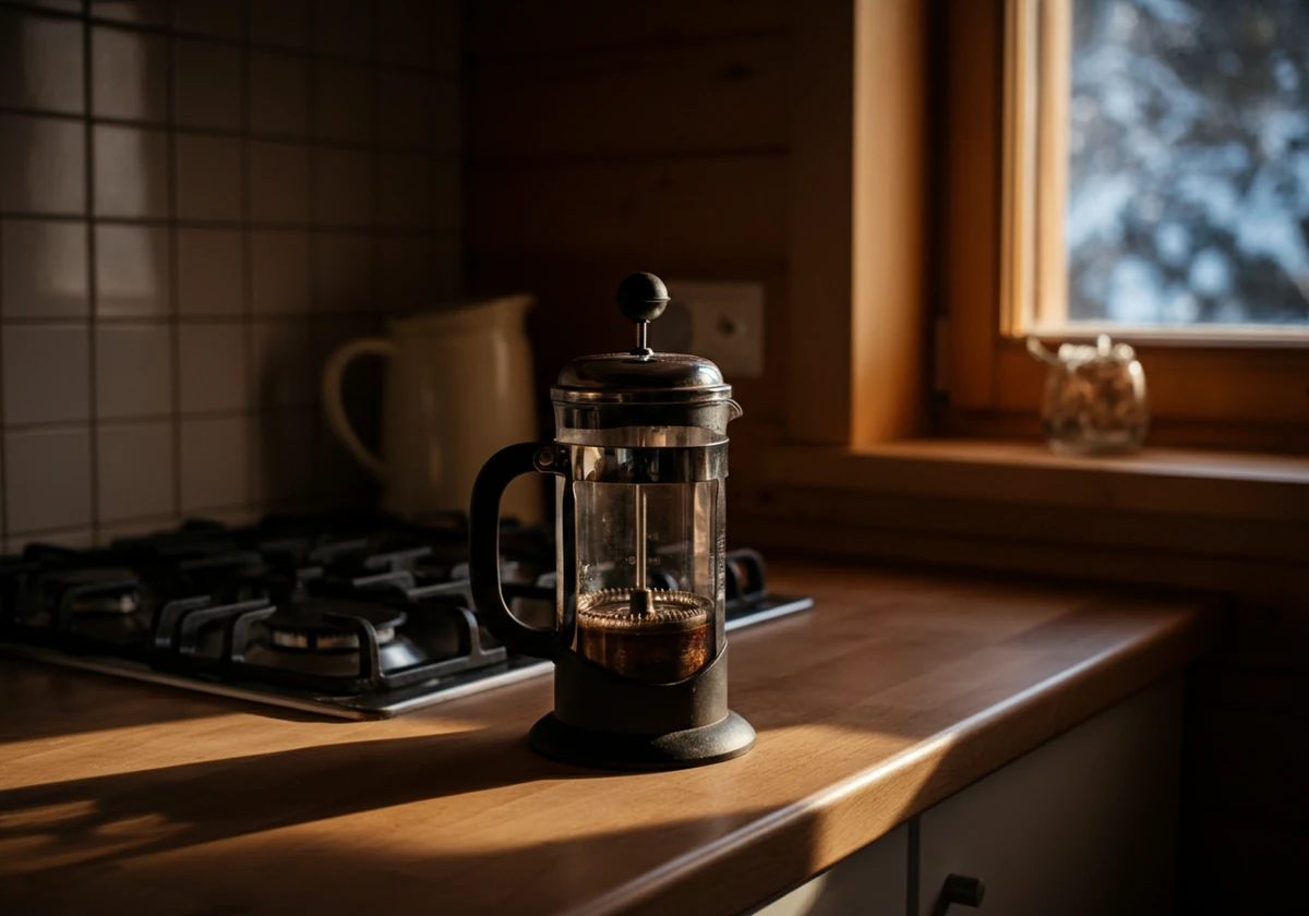 Fransk presskanne på kjøkkenbenk i svakt morgenlys, kaffe og mørketid i Norge
